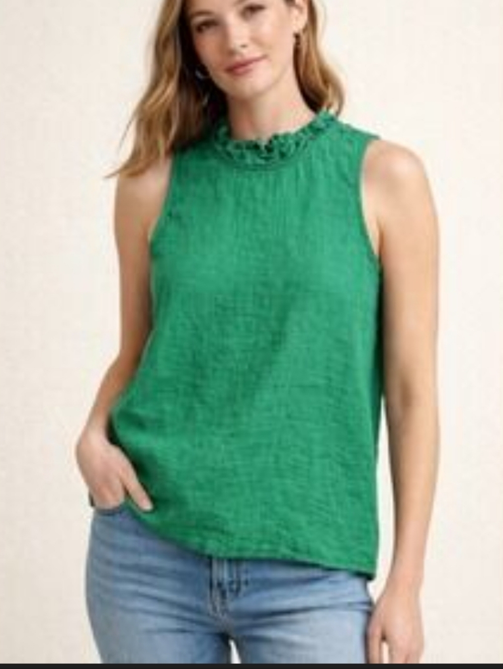 J. Crew Ruffle Neck 100% Linen Sleeveless Top Kelly Green Women's Size Small